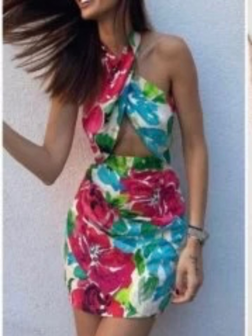Zara S Floral Halter Linen Blend Mini Dress